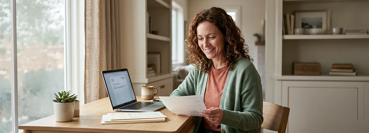 A woman at a tidy desk holding a statement and smiling with relief