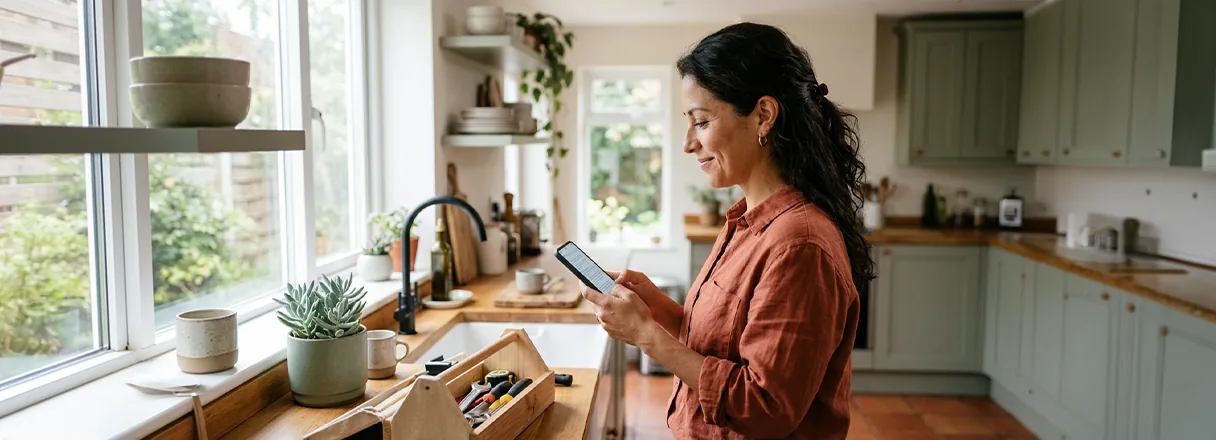 A woman calmly reading her phone in the kitchen with a toolbox on the counter