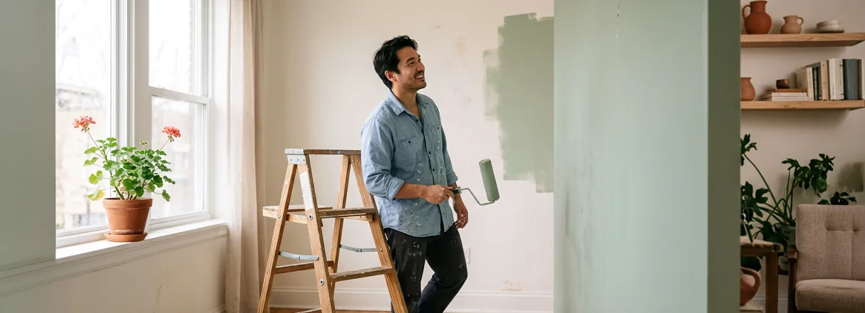 A man painting an interior wall sage green from a stepladder