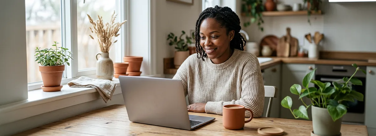 A woman at her kitchen table reading loan options on a laptop