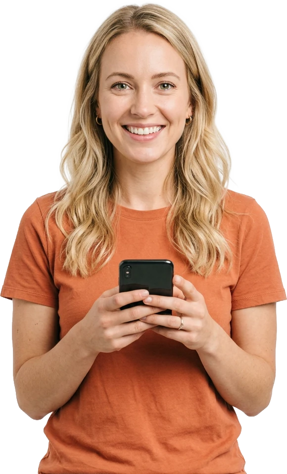A woman smiling at the camera while holding her phone